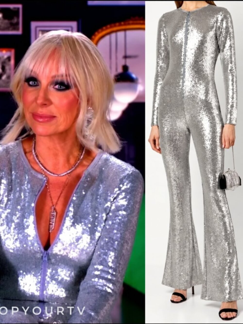 πͺ©π70s GLAM DISCO ERAππͺ© Cynthia Rowley Sequin Flared Jumpsuit in Silver - Picture 2 of 16